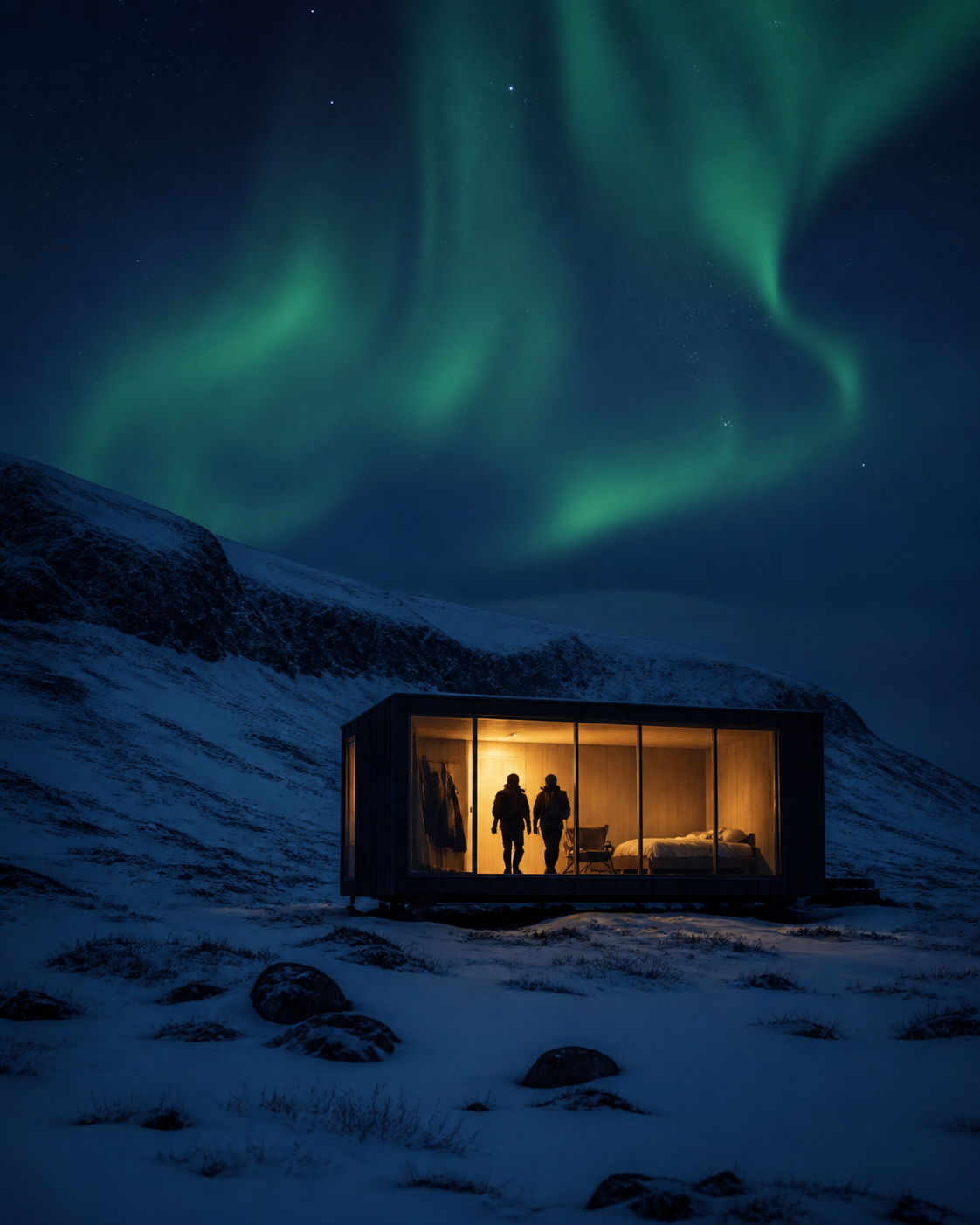 Concept visualization of a remote Arctic cabin under the northern lights