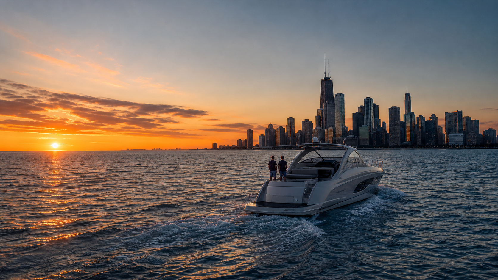 Concept visualization of a luxury yacht cruising on Lake Michigan beside the Chicago skyline at sunset