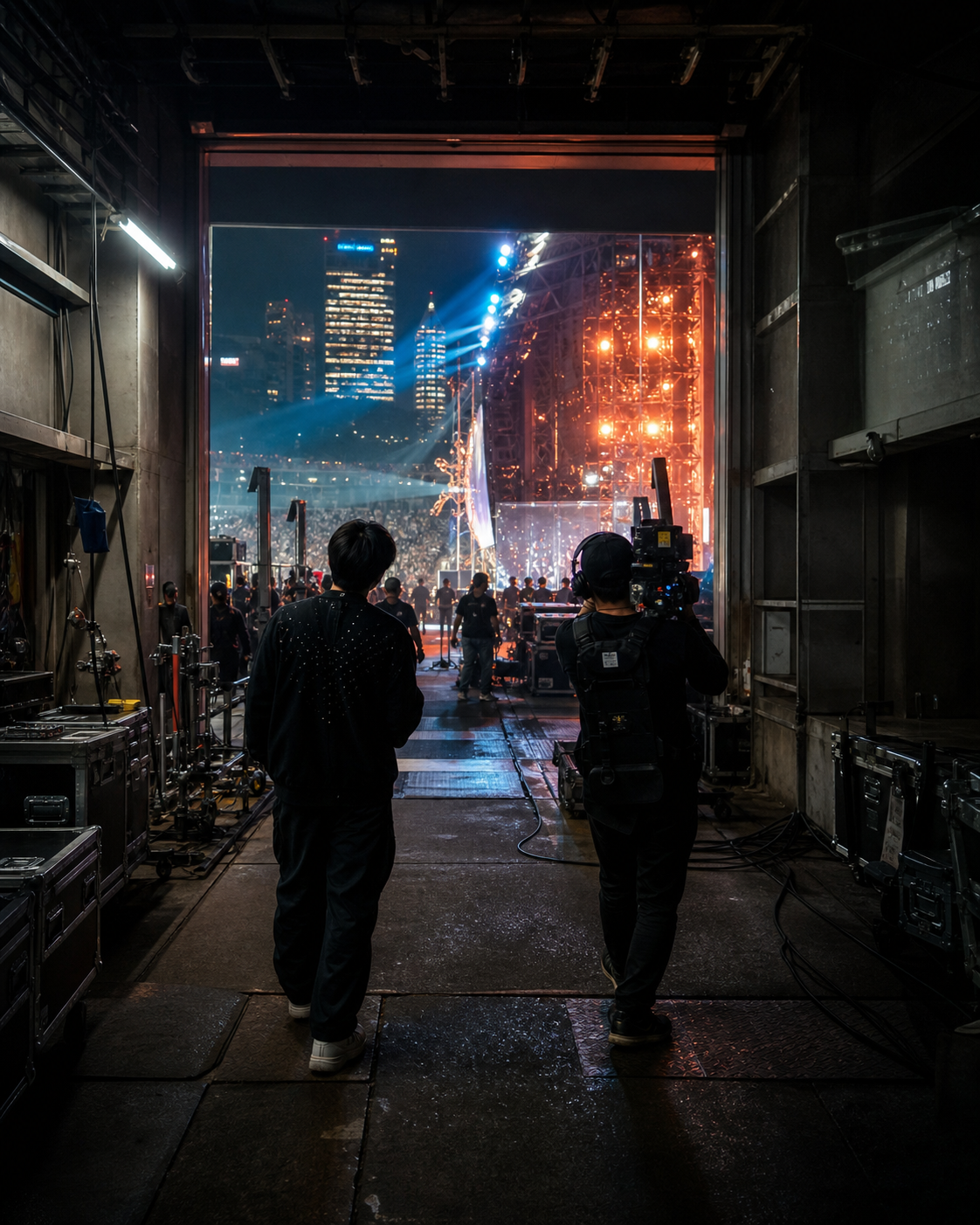 Concept visualization of a host and camera operator backstage at a Tokyo event