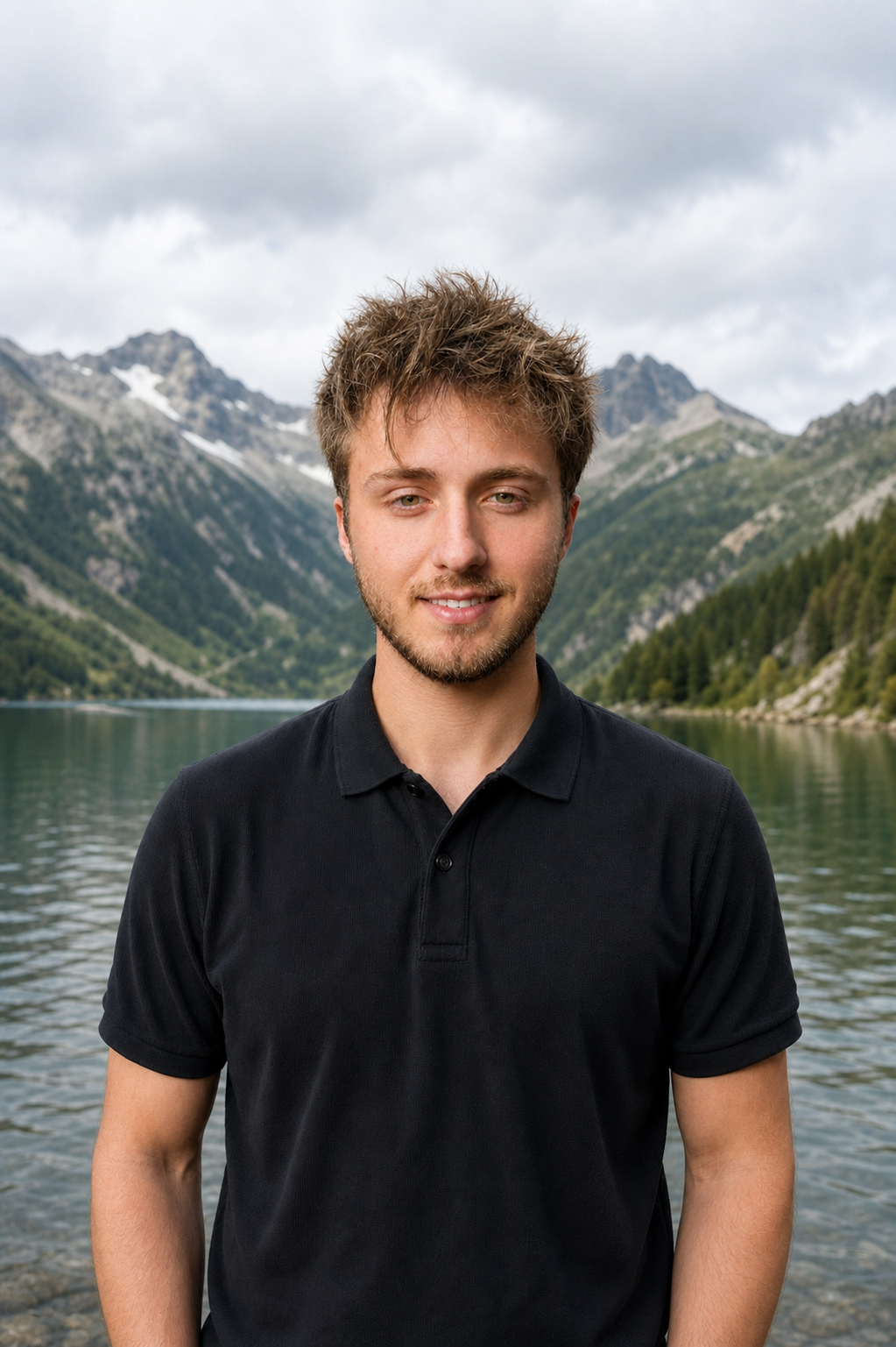 Ask Anyway producer smiling in front of a mountain lake